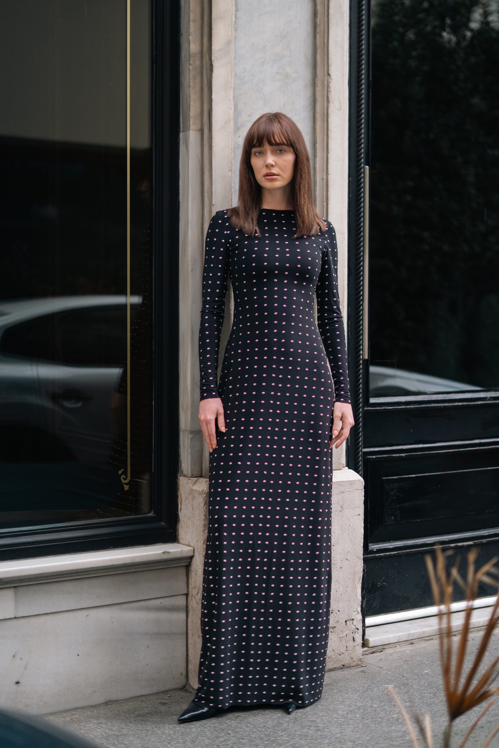 Tokyo Siyah Elbise | Metal Çivili Jarse Uzun Elbise